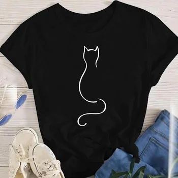 Kadın Bayan Büyük Boy T-shirt Tees Kadın Kore Moda Yaz Kısa Kollu Karikatür Baskı Grafik Giysileri Üstleri Sevimli Kedi Hayvan