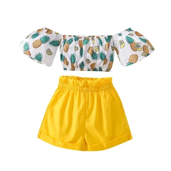 Toddler Bebek Kız Giysileri Kapalı Omuz Limon Desen Baskı Üstleri Elastik Bel Şort Yenidoğan Kız Kıyafet Seti Yaz