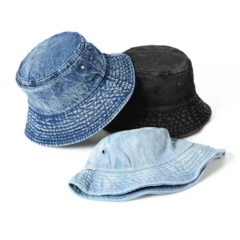 Vintage kadınlar Katı Wased Pamuk Kova şapka Yetişkin erkekler Rahat Yumuşak Denim Panama gorros Caps