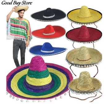 Karnaval Sombrero Erkek Kadın Parti güneş şapkaları Doğal Hasır Meksika Şapka Geniş Brim Panama Kova Şapka Ayarlanabilir Moda Retro Kapaklar