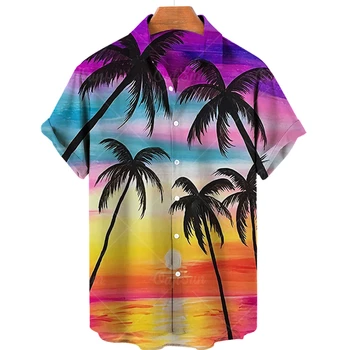 Yeni erkek Hawaii Gömlek Günbatımı Hindistan Cevizi Ağacı Baskı Gömlek Erkekler için Büyük Boy Üstleri Moda Sahil Tatil Kısa Kollu 5xl
