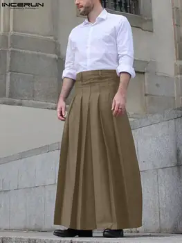 INCERUN Erkek Etek Pantolon Pilili Fermuar Düz Renk Streetwear Kişilik Erkek Dipleri 2022 Gevşek Moda Rahat Uzun Etekler