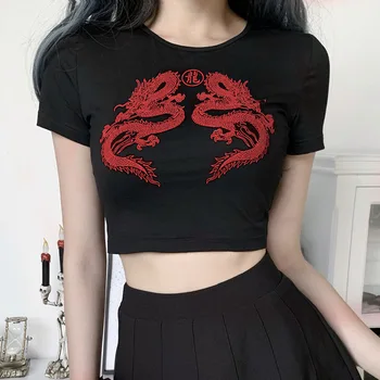 Kırmızı Ejderha Baskılı Mahsul Tops Yaz Kadın Koyu Gotik Kısa Kollu T-Shirt O-Boyun Serin Kız Ince Üstleri Rahat Goth Streetwear