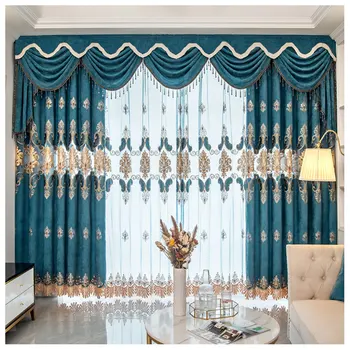 Lüks Perdeler Oturma Odası için Avrupa Saray Klasik Mavi Gri Kadife Nakış Atmosfer Yatak Odası Perde Özelleştirme