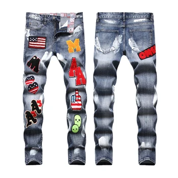 Şık Streetwear Erkek Giyim Dış Çıkartması İşlemeli İnce Düz Bacak Pantolon Hip Hop Gece Kulübü Premium Kot Calca Masculina