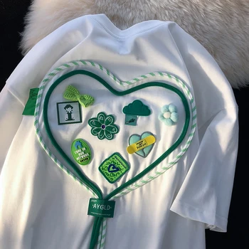 2022 Yeni Aşk Kalp İşlemeli kısa kollu tişört Kadın moda üst giyim Grafik T Shirt Kawaii Büyük Boy T Shirt