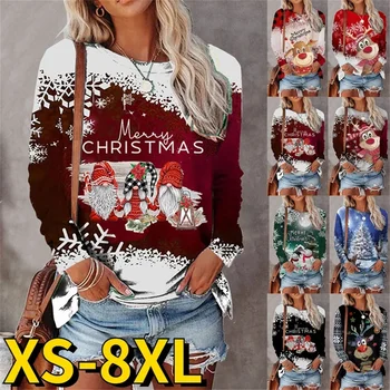 2022 Moda Casual Tops Seksi Uzun Kollu Santa baskılı tişört Sonbahar Kış Kadın Noel Kazak Zarif Üstleri Tee Gömlek