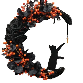 Ay Şekilli Kapı Çelenkleri Cadılar Bayramı Tatil Süslemeleri hoş geldin yazısı Goth Güller Siyah Kediler Garland Ön Kapı Süsü