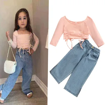 Yaz Çocuk giyim Seti 2022 Kızlar Pembe Kısa İpli Üst Kot Geniş Bacak Pantolon İki Parçalı Moda Çocuk Giysileri