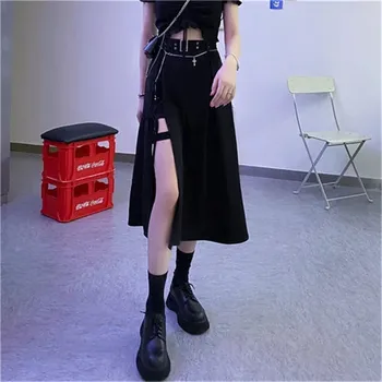 Goth Koyu Lace Up Merkezi Gotik Kalem Siyah Midi Etekler Harajuku Punk Kadınlar Yüksek Bel Seksi Uzun Etek Emo Alternatif Giyim
