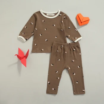 Toddler Bebek Erkek Kız 2 Adet Giysi Set Çiçek Baskı Uzun Kollu Yuvarlak Boyun T-shirt Elastik Bel Pantolon Bahar Pijama Set