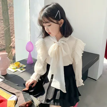RiniLucia Kore Tarzı Bebek Kız Zarif Bluzlar 2022 Bahar Toddlers Çocuk Üstleri Ruffles Uzun Kollu Çocuk Gömlek