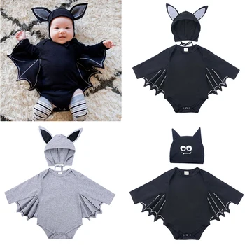 Bebek Bebek Cadılar Bayramı Giyim Siyah Bodysuit Yarasa Tasarım Bebe Erkek Kız Pamuk Tulum Şapka İle 2 adet Set Yortusu Kostümleri