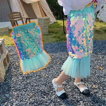 Payetli Mermaid Etek Yürümeye Başlayan Kızlar için Genç İns Giyim 2 4 8 10 Yıl Koreli Çocuk Tül Etek Yaz 2022 Çocuk Giysileri