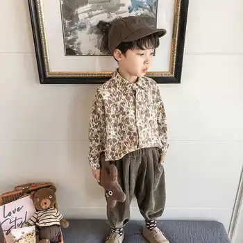 Moda Toddler Erkek Bebek Baskı Uzun Gömlek+Katı Pantolon 2 ADET Kıyafet Seti çocuk Beyefendi Giysileri Kore Rahat Seti R14