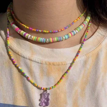 Yeni Moda Renkli Reçine Sevimli Şeker Ayı Boncuklu Kolye Kadınlar için Sakızlı Ayılar Gökkuşağı Pirinç Boncuk Gerdanlık Kolye Yaz Takı