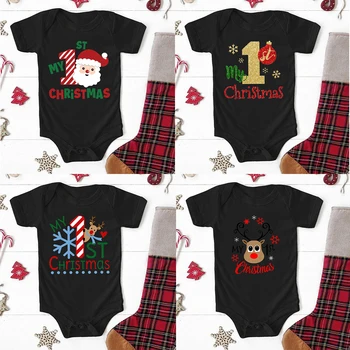 Benim İlk Noel Yenidoğan Bebek Siyah Kısa Kollu Romper Karikatür Kardan Adam Baskı Kıyafet Bebek Vaftiz Bodysuit Giysileri Noel Hediyesi
