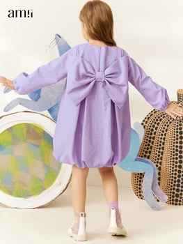 Amii Çocuklar Sonbahar Tatlı Elbiseler Kızlar için 3-12y Ekip Boyun Pilili Uzun Kollu Yay Elbise Katı Moda Tomurcuk Midi Vestidos 22240095