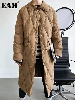 [EEM] Gevşek Fit Sarı Büyük Boy Sıcak Aşağı Ceket Yeni Uzun Kollu Sıcak Kadın Parkas Moda Gelgit Sonbahar Kış 2023 1DF2566