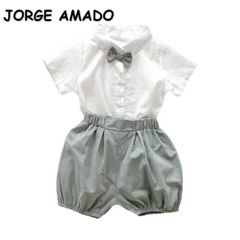 Yeni yaz giysileri Erkek Bebek Setleri Beyaz Kısa Kollu Yay Yakışıklı Gömlek + Açık Yeşil Şort Çocuk Beyefendi Giyim E2222
