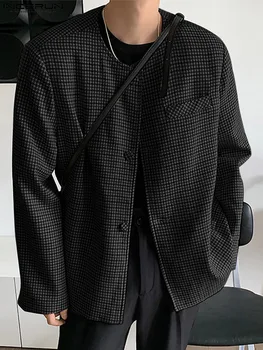 INCERUN Erkekler Casual Blazer Ekose O-Boyun Uzun Kollu Düğme Streetwear 2022 Moda Takım Elbise Kore Gevşek Erkek İnce Palto S-5XL