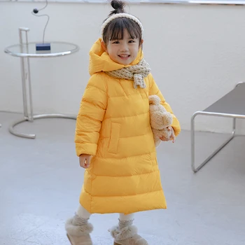 Çocuk Orta uzunlukta Aşağı Ceket Diz Üzerinde Kızlar Kalınlaşmış Sarı Beyaz Ördek Aşağı Gevşek Kapşonlu Palto Büyük çocuk ceketi