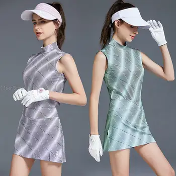 Aşk Golf kadın Yarım Yüksek Boyun Tankı Üstleri kolsuz Tişört Şerit İnce Buz İpek Gömlek Bayanlar A-Çizgili Golf Etek Skort Takım Elbise