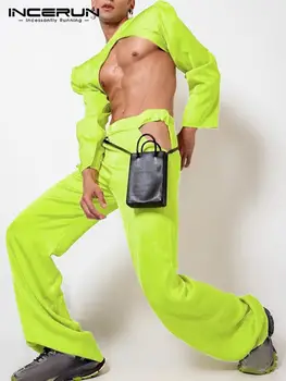 Moda Erkekler Rahat Setleri Düz Renk Seksi O-Boyun Uzun Kollu Mahsul Tops ve Pantolon 2 ADET Streetwear Erkekler Düzensiz Takım Elbise S-5XL INCERUN