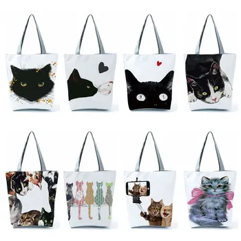 Çanta Suluboya Alışveriş Kullanımlık Kedi Kadın Kitap Eko Tote Çanta Özelleştirmek Tasarımcı Boyama Çanta Baskı Okul Alışveriş Çantası Sevimli