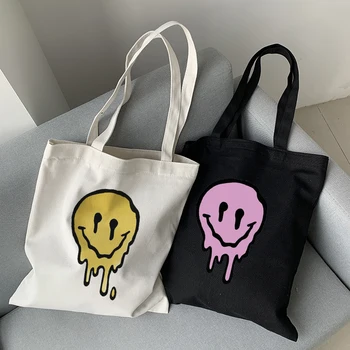Renkli Gülümseme Kadın Çanta Büyük Kapasiteli Harajuku Karikatür Vintage Hip Hop alışveriş çantası Kanvas çanta Komik kadın askılı omuz çantaları