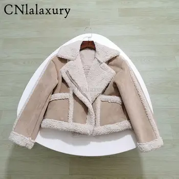 CNlalaxury sonbahar kış kadın Casual sıcak uzun kollu polar ceket Patchwork Lambswool kısa Zip ceketler ışık deve giyim