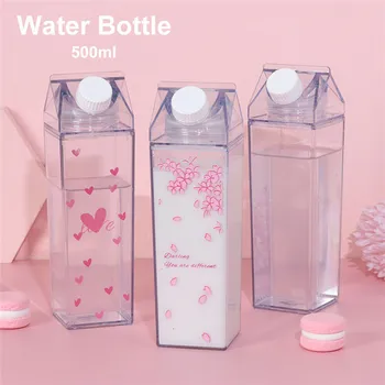 500 ML Yaratıcı Sevimli Plastik Şeffaf Süt Karton Su Şişesi Moda Çilek Şeffaf Süt Kutusu Suyu Su Bardağı Şişe