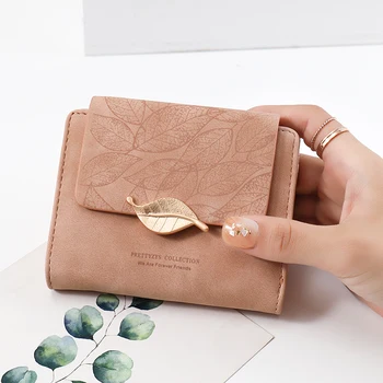 Kadın Kısa Cüzdan Yeni Vintage Buzlu PU Deri Katlanır bozuk para cüzdanı Kadın Basit Yaprak Çile kart tutucu Trend Cüzdan