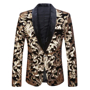 Sequins Kadife Serisi Erkek Şal Yaka Blazer Tasarımları Siyah Kadife Altın Çiçekler Sequins Takım Elbise Ceket DJ Kulübü Şarkıcı Elbise