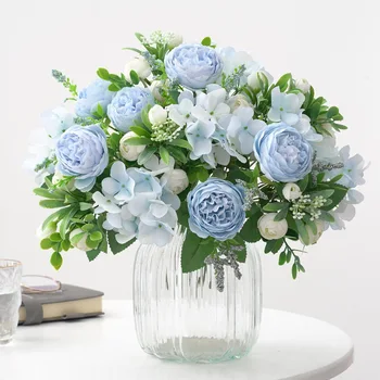 Mavi İpek Buketleri Yapay Orman Ortanca Şakayık Tomurcuk Düğün Gelin El Buketi Ev Bahçe Masaüstü Çiçek Düzenleme Dekor
