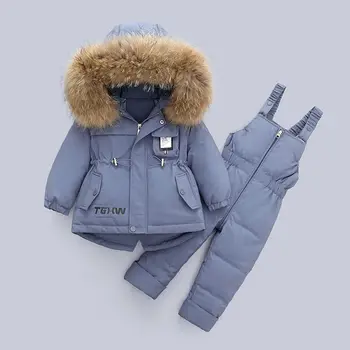 Yeni Kış çocuk Takım Elbise Aşağı Ceket İki parçalı Erkek ve Kız Aşağı Ceket Önlük-30 Kış Gezisi Kayak Takım Elbise Kalınlaşmış Aşağı Ceket