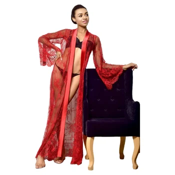 Bornoz Kadın Femme Uzun Kollu Nightgowns Kadınlar Seksi Dantel Düğün Gelin Elbiseler Nedime Uzun Abiye Sheer Kimono Robe
