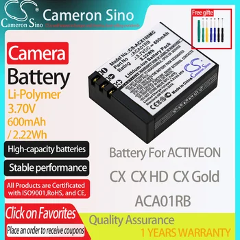 ACTİVEON K K K HD Altın için uygun CameronSino Pil ACA01RB kamera pil 600mAh/2, 2 Wh 1.64 V Li-Polimer Siyah ACTİVEON 
