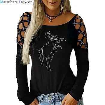 Moda Yaratıcı At TShirt Kadınlar Uzun Kollu O-Boyun T-shirt Kadın Giyim Hayvanlar Uzun Kollu Oymak En Tees Tops