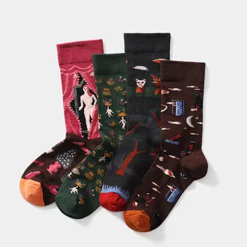 Yenilik Yaratıcı Jakarlı Rahat Penye Pamuk Çorap Kadın Erkek Komik Mutlu Streetwear Spor Rahat Renkli Soyut Sanat Çorap