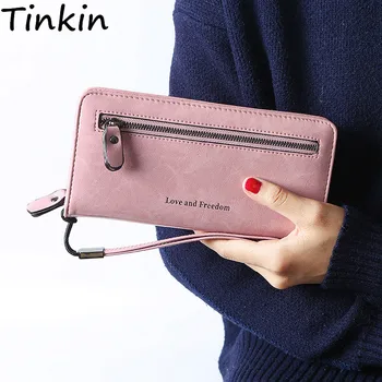 Tinkin Vintage PU deri kadın cüzdan baskı mektup kadın Çanta Uzun cüzdan