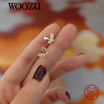 WOOZU 925 Ayar Gümüş Romantik Kristal Zirkon Kelebek Saplama Küpe Kadınlar için 14k Altın Kaplama Tatlı Kore Parti Takı