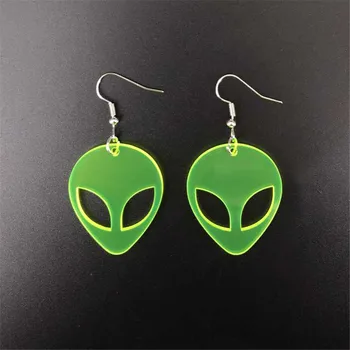 Sevimli Floresan Yeşil UFO Akrilik Damla Küpe Kadınlar İçin Komik Şeffaf Alien Dangle Küpe Yenilik Takı