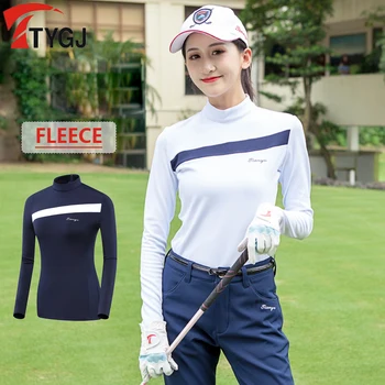 TTYGJ Bayanlar Golf Gömlek Kış Kalınlaşmak Sıcak Golf Üstleri Kadınlar için Kadife Patchwork Kazak İnce T-shirt Stand Up Yaka S-XL