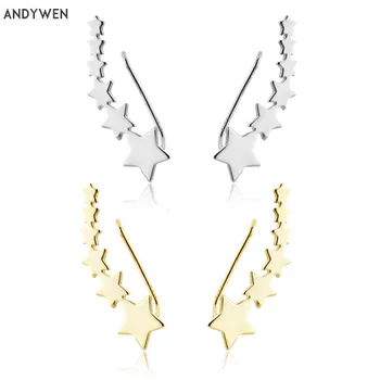 ANDYWEN 925 Ayar Gümüş Altın Altı Yıldız Tırmanıcı İplik Pin Küpe Kadınlar Piercing Klipleri 2021 Kadın Düğün Toka Mücevher