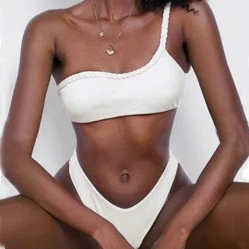 Zaful Nervürlü Örgülü Trim Bir Omuz Yüksek Bacak Bikini Mayo Katı bikini seti Arsız Yüksek Bacak Kadın Mayo 2022 Yeni