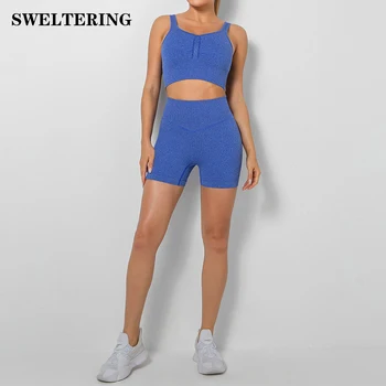 Kadın Eşofman Yoga Seti 2 ADET Spor Seti Dikişsiz Spor Şort Sutyen Push Up Egzersiz koşu giyimi Spor Giyim Atletik Spor Takım Elbise