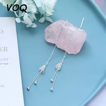 VOQ Gümüş Renk İçi Boş Rüzgar Çanları Kulak Hattı Uzun Püskül Zincir Küpe Kadınlar için Narin Hediyeler Takı